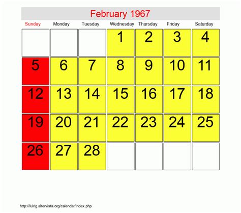 Calendar For February 1967